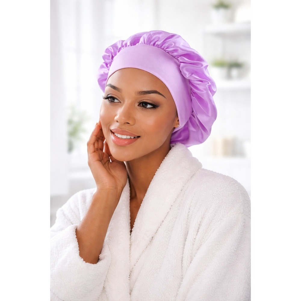 Lavender Satin Hair Bonnet Wide Elastic Band Sleep Cap Purple Polyester Nightcap - Picture 1 of 4
